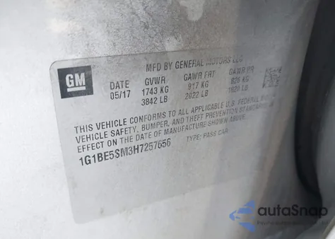 2017 Chevrolet Cruze Lt Auto из США, поврежденный, VIN 1G1BE5SM3H7257656